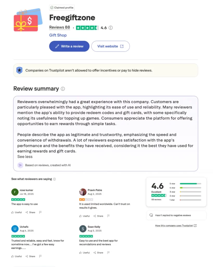 trustpilot review on Freegiftzone